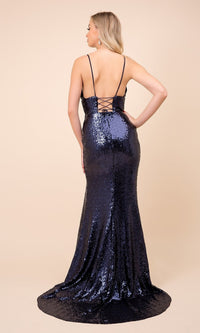  Corset-Back V-Neck Long Sequin Formal Prom Dress