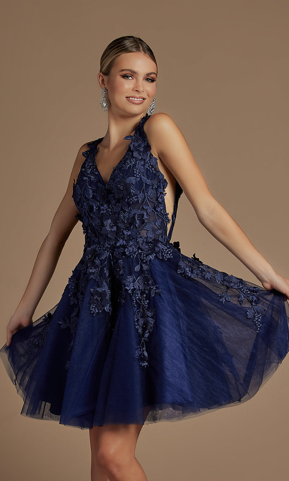 Navy 3D Floral Applique Short Blue Homecoming Dress