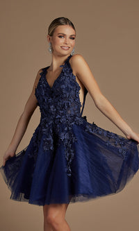 Navy Blue Navy Blue Floral-Applique Short Homecoming Dress