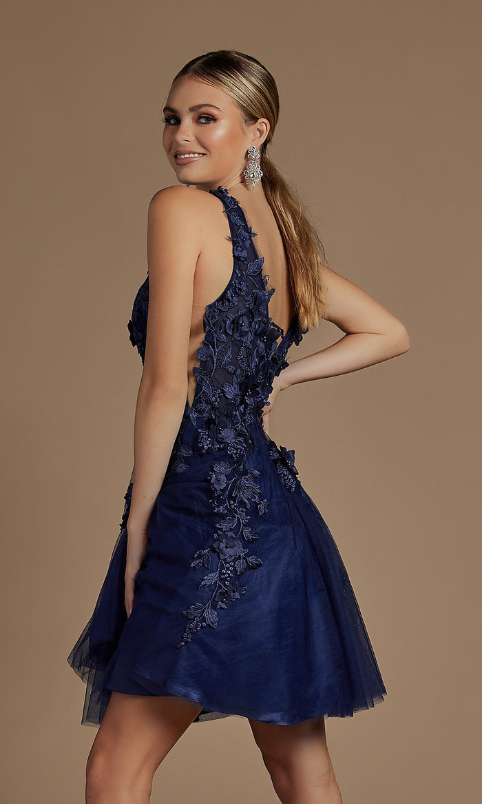  Navy Blue Floral-Applique Short Homecoming Dress