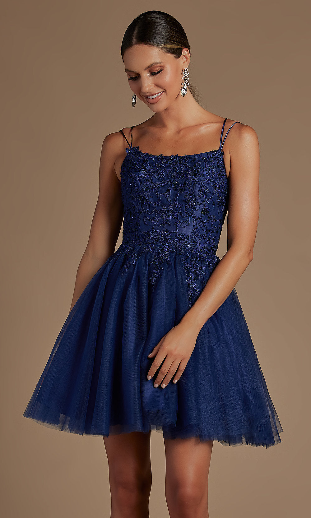 Navy Blue Embroidered A-Line Short Corset-Back Hoco Dress