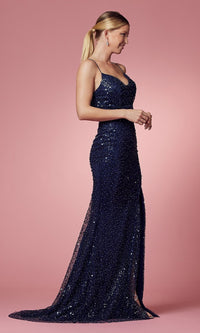  Strappy-Back Navy Blue Sequin Long Prom Dress