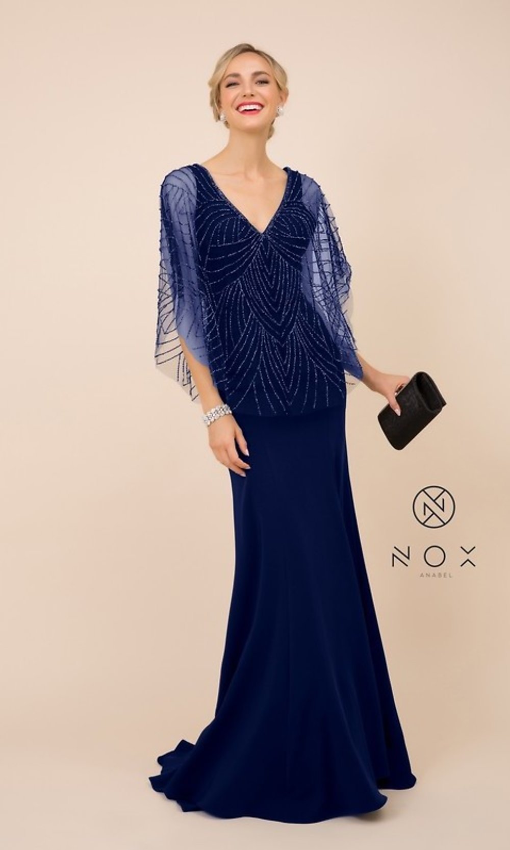 Navy Blue V-Neck Beaded Cape Long Women's Formal Gown