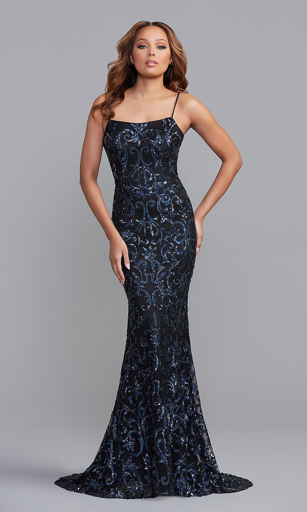 Navy Blue Sequin-Print Long Formal Dress with Corset Back