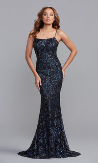 Navy Blue Sequin-Print Long Formal Dress with Corset Back