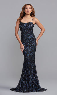 Navy Blue Sequin-Print Long Formal Dress with Corset Back