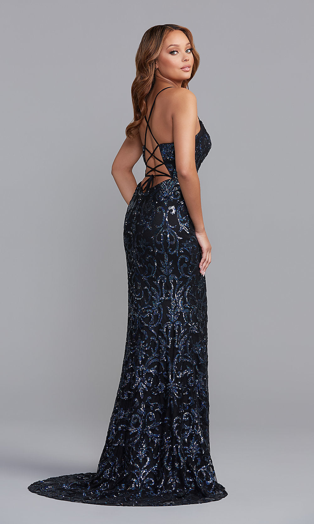  Sequin-Print Long Formal Dress with Corset Back