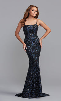  Sequin-Print Long Formal Dress with Corset Back