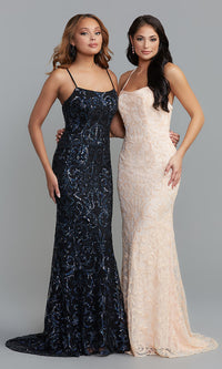  Sequin-Print Long Formal Dress with Corset Back