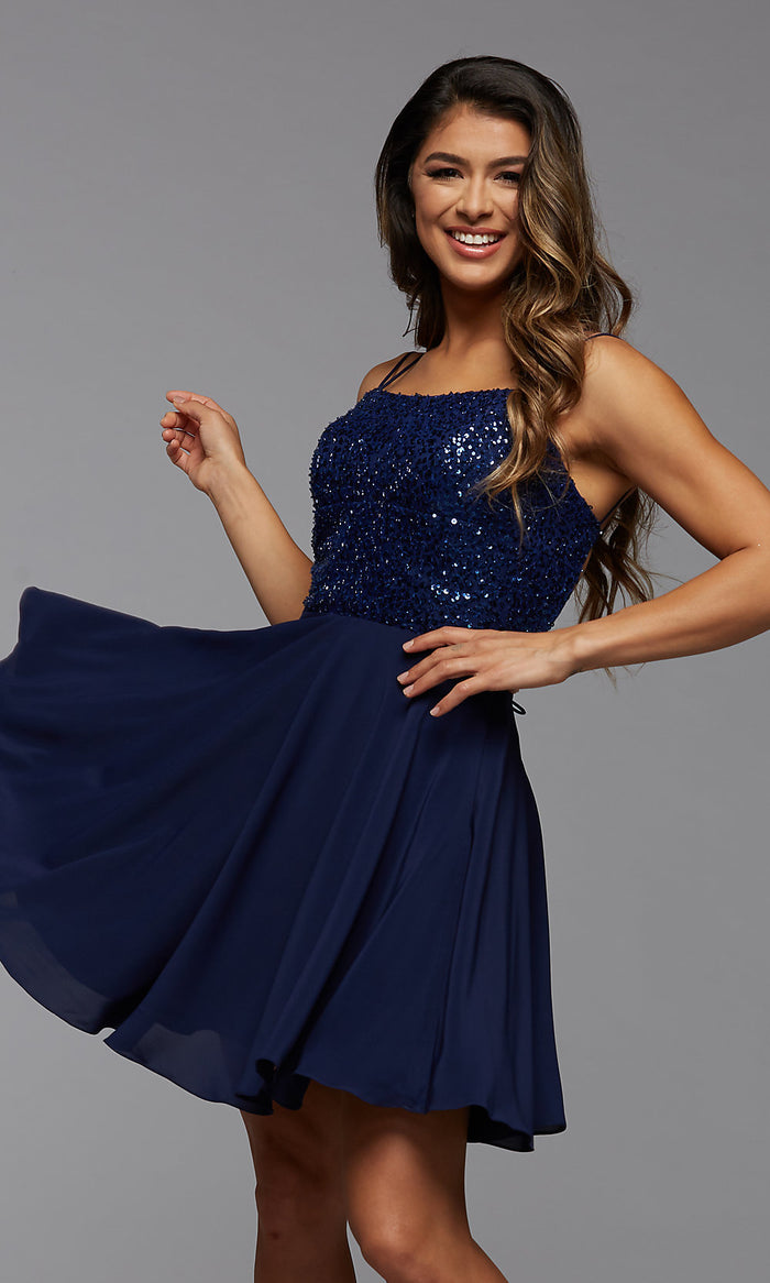 Navy Blue Backless Short Formal Prom Dress with Sequins
