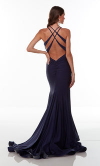  Empire-Waist Navy Blue Long Prom Dress with Train