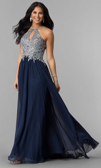 Navy Keyhole Embellished-Bodice Long Chiffon Prom Dress