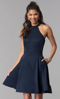 Navy Satin Short Homecoming Party Dress with Pockets