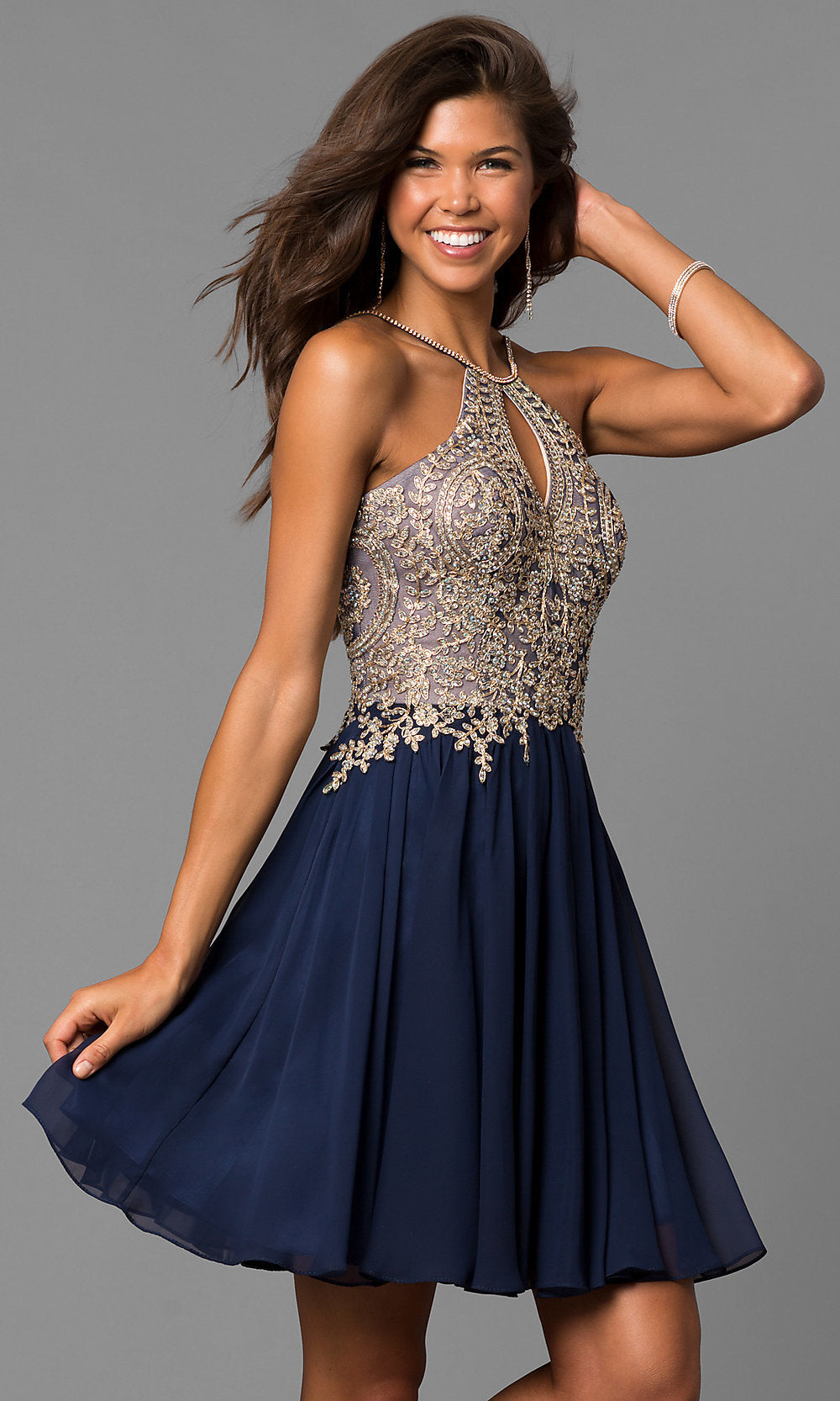 Navy Short Homecoming Dress with Beaded High-Neck Bodice