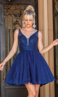 Navy Sequin-Bodice Glitter Short Prom Dress