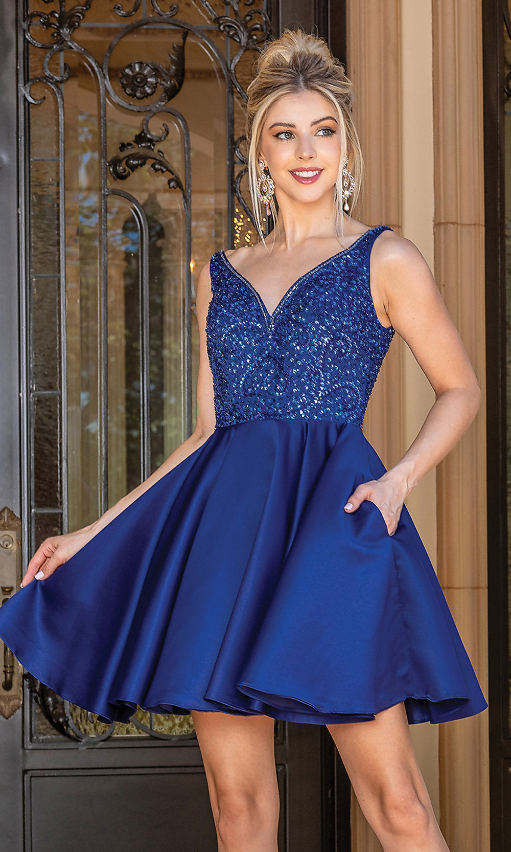 Navy Short Prom Dress with Sequin-Embellished Bodice