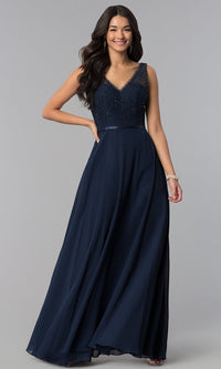 Navy Sleeveless Lace-Bodice V-Neck Long Formal Dress