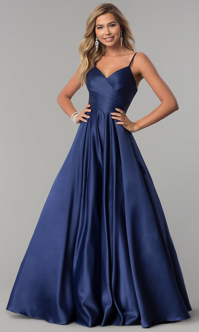 Navy Pleated-Bodice Long Classic Formal Ball Gown