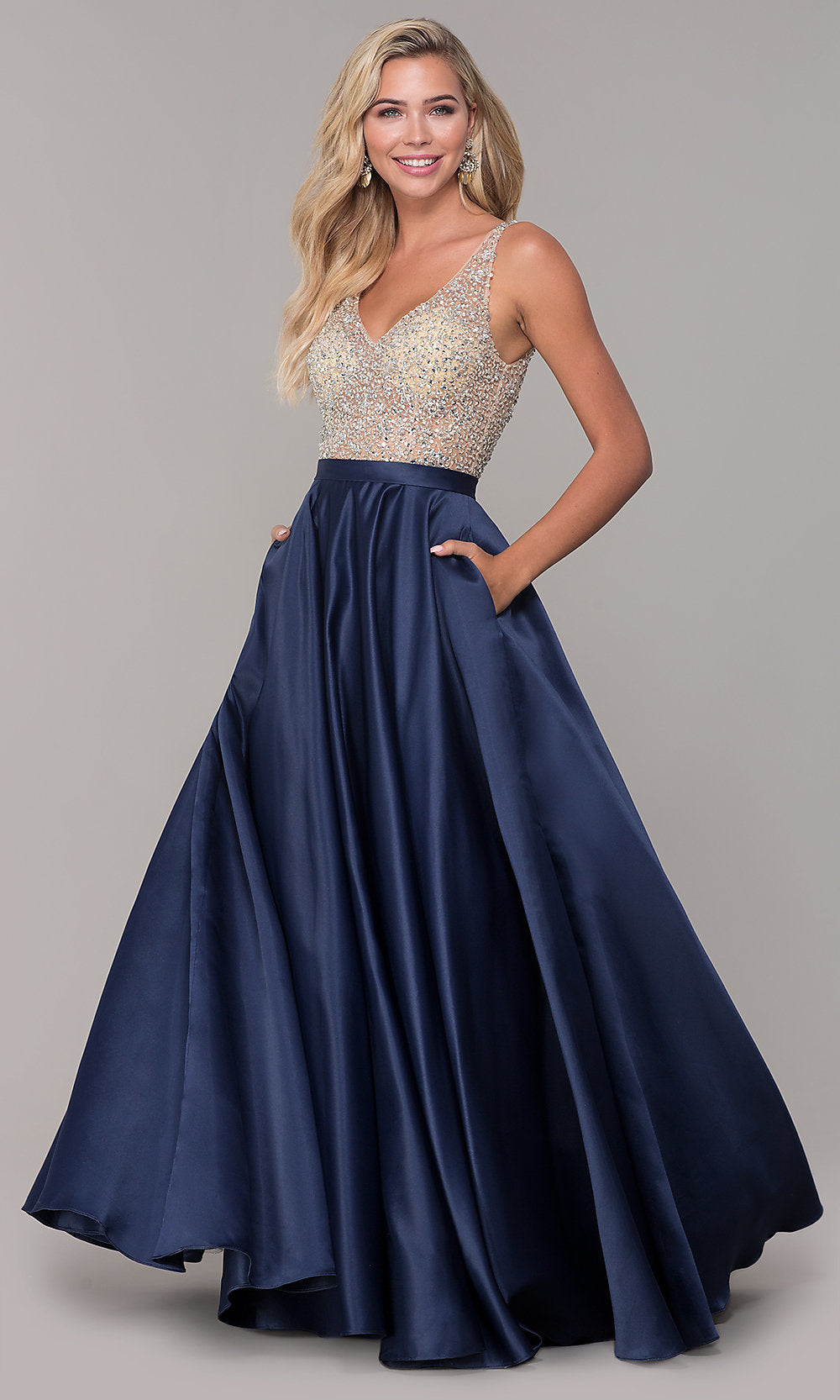 Navy A-Line Long V-Neck Prom Dress with Pockets