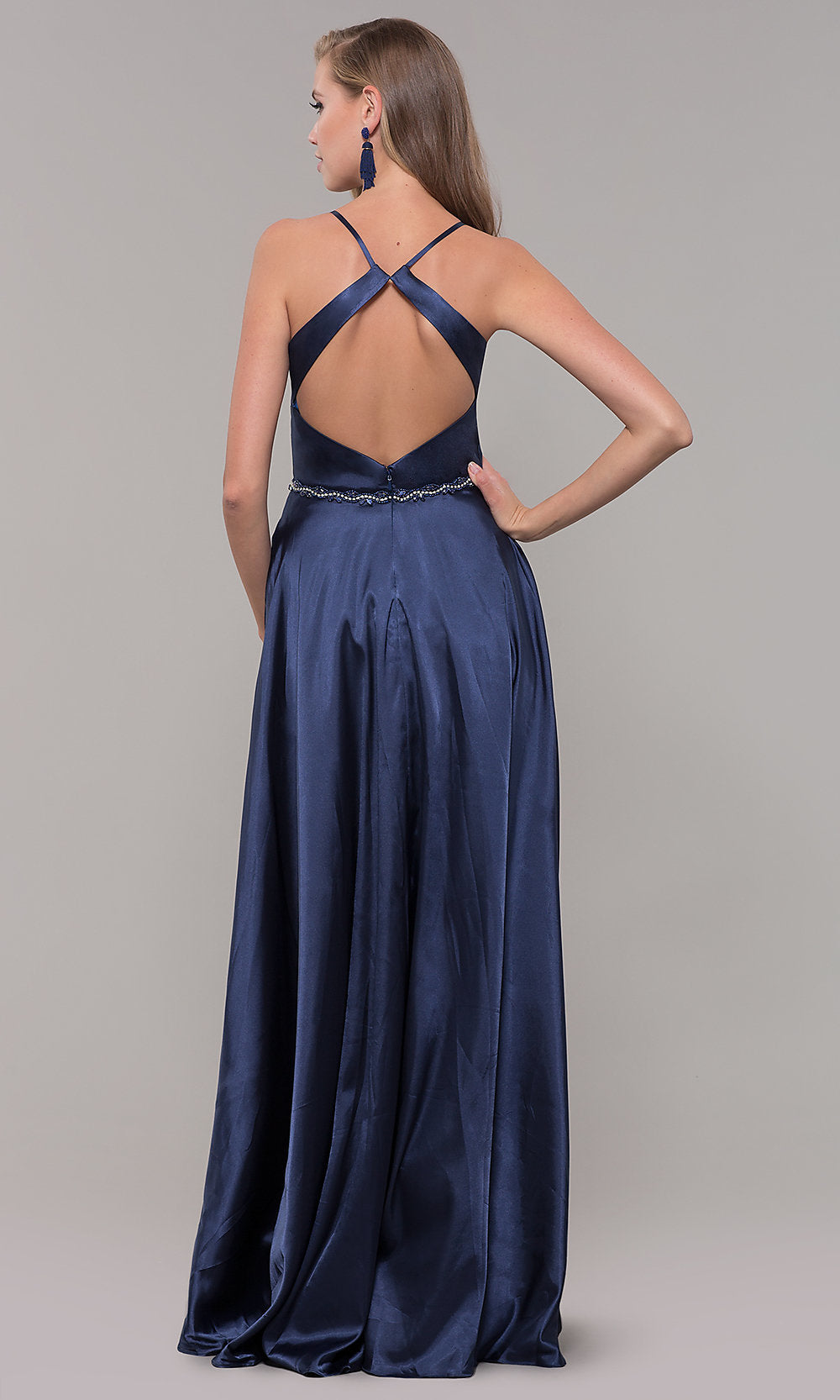  Long Faux-Wrap Satin Prom Dress with Slit