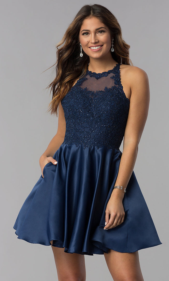 Navy Short Lace-Applique-Bodice Homecoming Party Dress