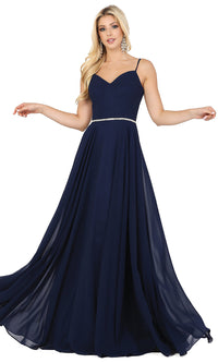 Navy Corset-Back A-Line Prom Gown with Beaded Waist
