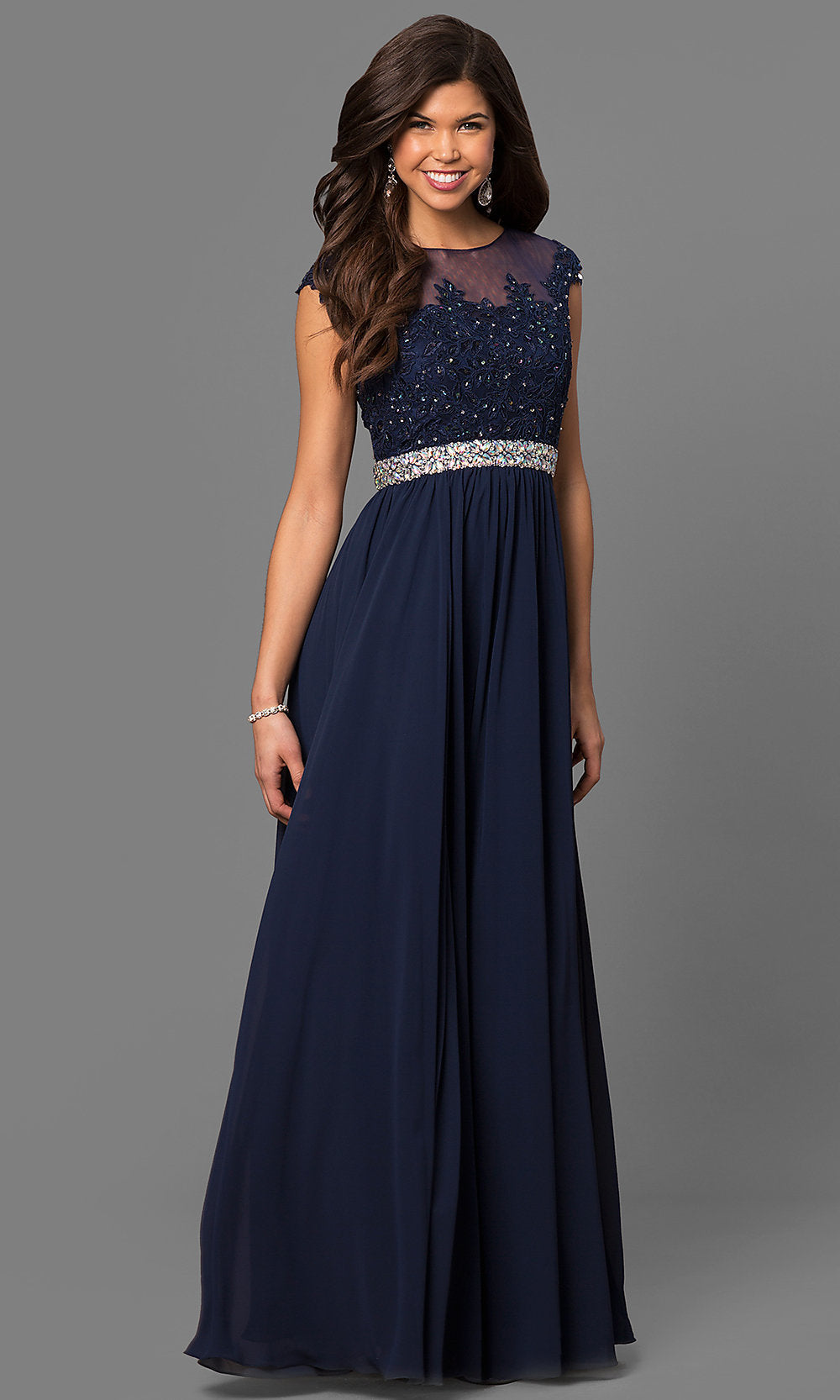 Navy Long Formal Prom Gown with Cap Sleeves