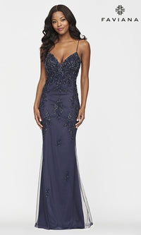 Navy Faviana Long Open-Back Light Pink Prom Gown