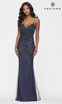 Navy Faviana Long Open-Back Light Pink Prom Gown