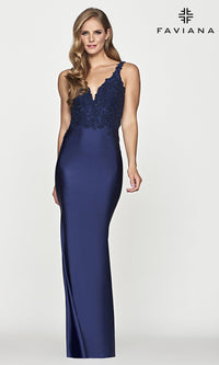 Navy Low V-Neck Navy Blue Long Prom Dress by Faviana