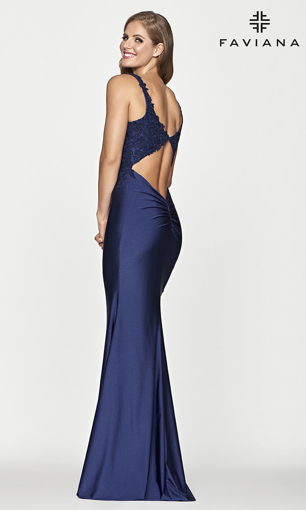 Low V-Neck Navy Blue Long Prom Dress by Faviana