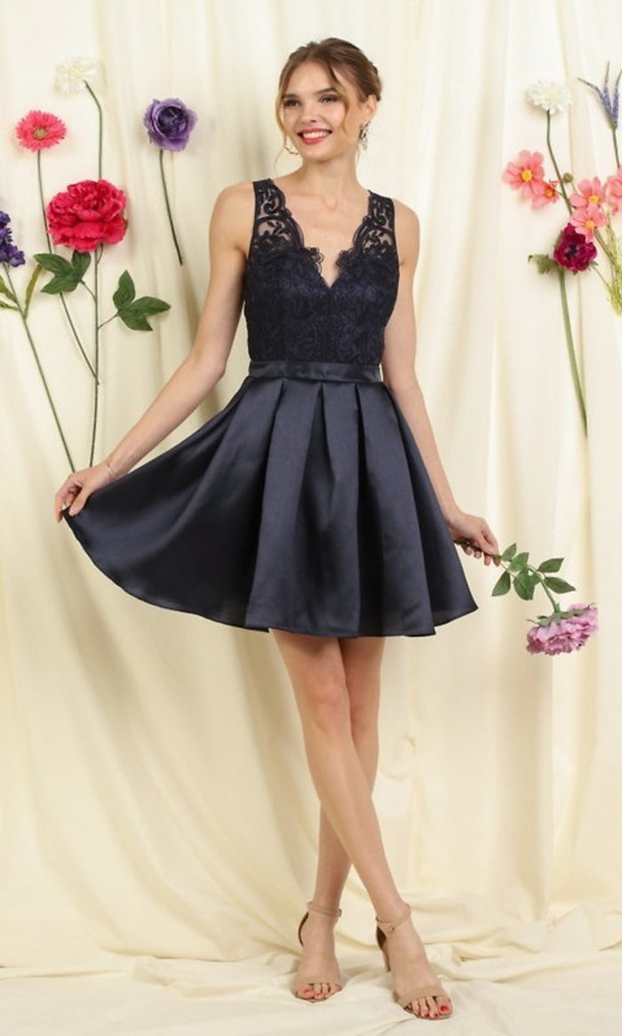 Navy Lace-Bodice Short Pleated A-Line Homecoming Dress