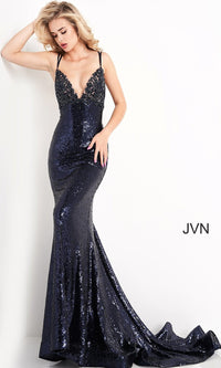 Navy Strappy Sequin Long Prom Gown from JVN by Jovani