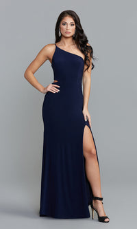 Navy Jump One-Shoulder Navy Blue Long Prom Dress