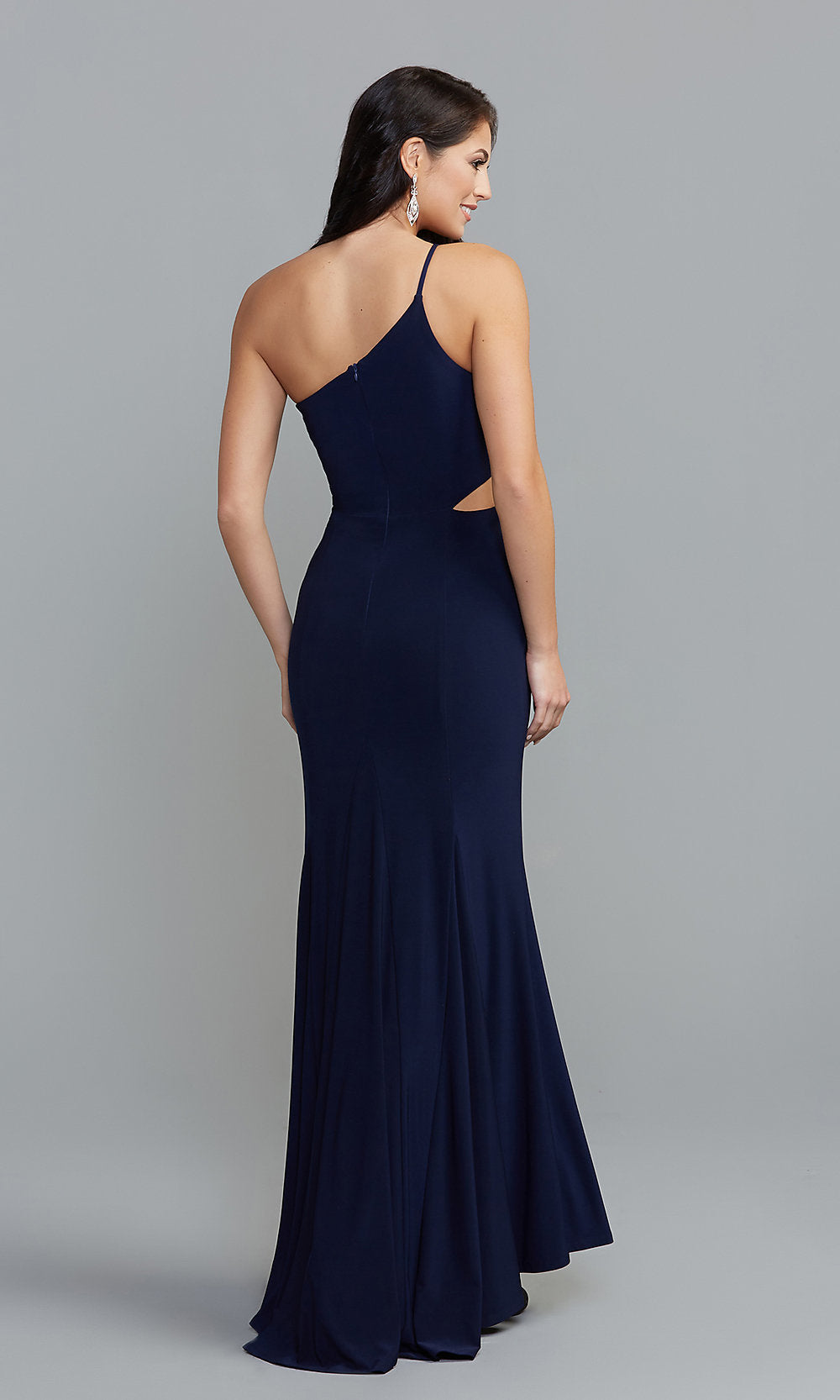  Jump One-Shoulder Navy Blue Long Prom Dress