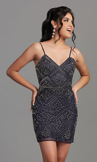 Navy Navy Blue Short Beaded Party Dress