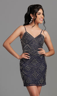  Navy Blue Short Beaded Party Dress