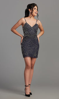  Navy Blue Short Beaded Party Dress