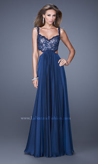 Navy V-Neck La Femme Long Dress with Cut Out Sides