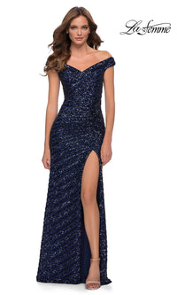Navy La Femme Navy Blue Sequin-Striped Long Prom Dress