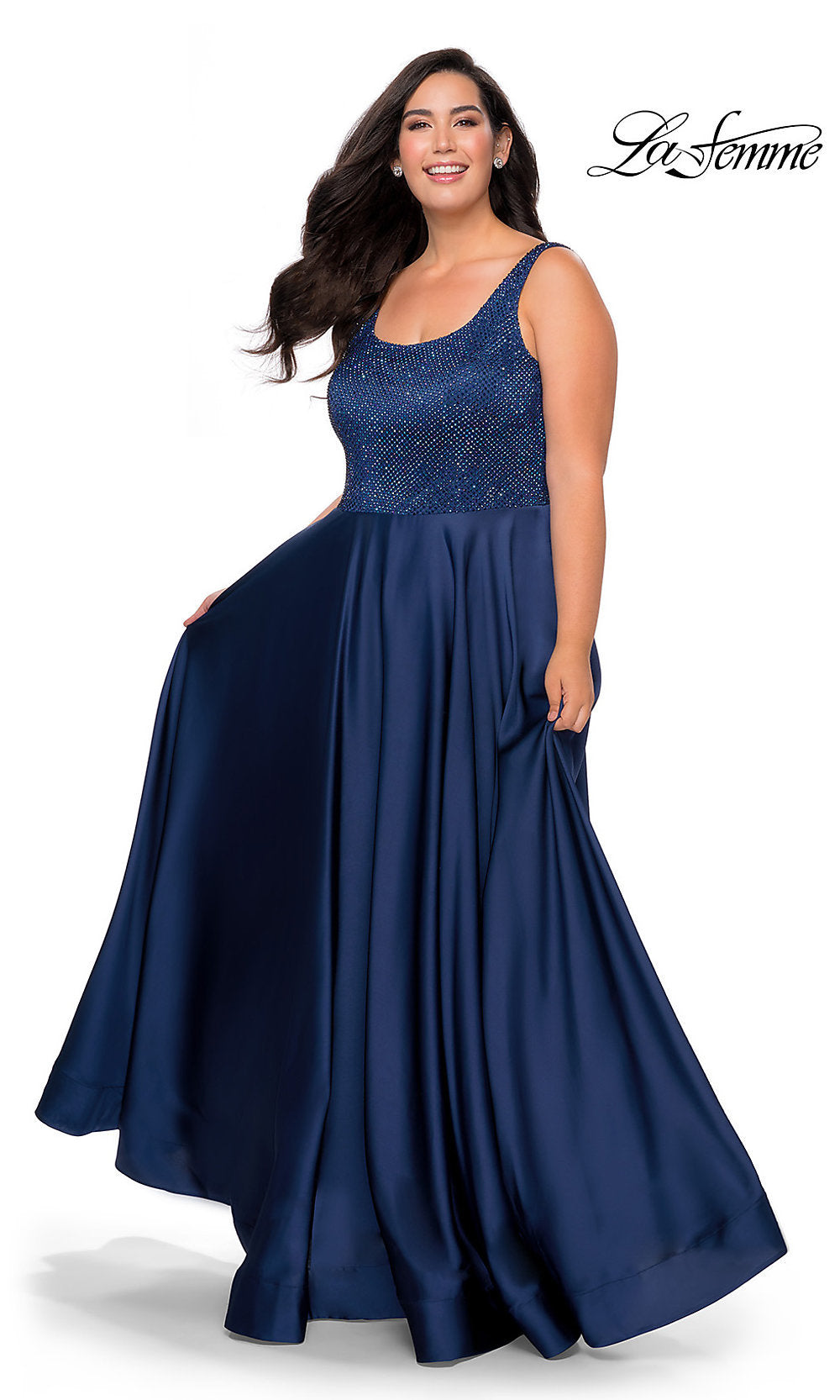 La Femme Long Plus-size Prom Dress with Side Pockets Navy / 18W La Femme Long Plus-size Prom Dress with Side Pockets Navy / 18W