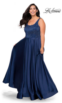 La Femme Long Plus-Size Prom Dress with Side Pockets Navy / 18w La Femme Long Plus-Size Prom Dress with Side Pockets Navy / 18w
