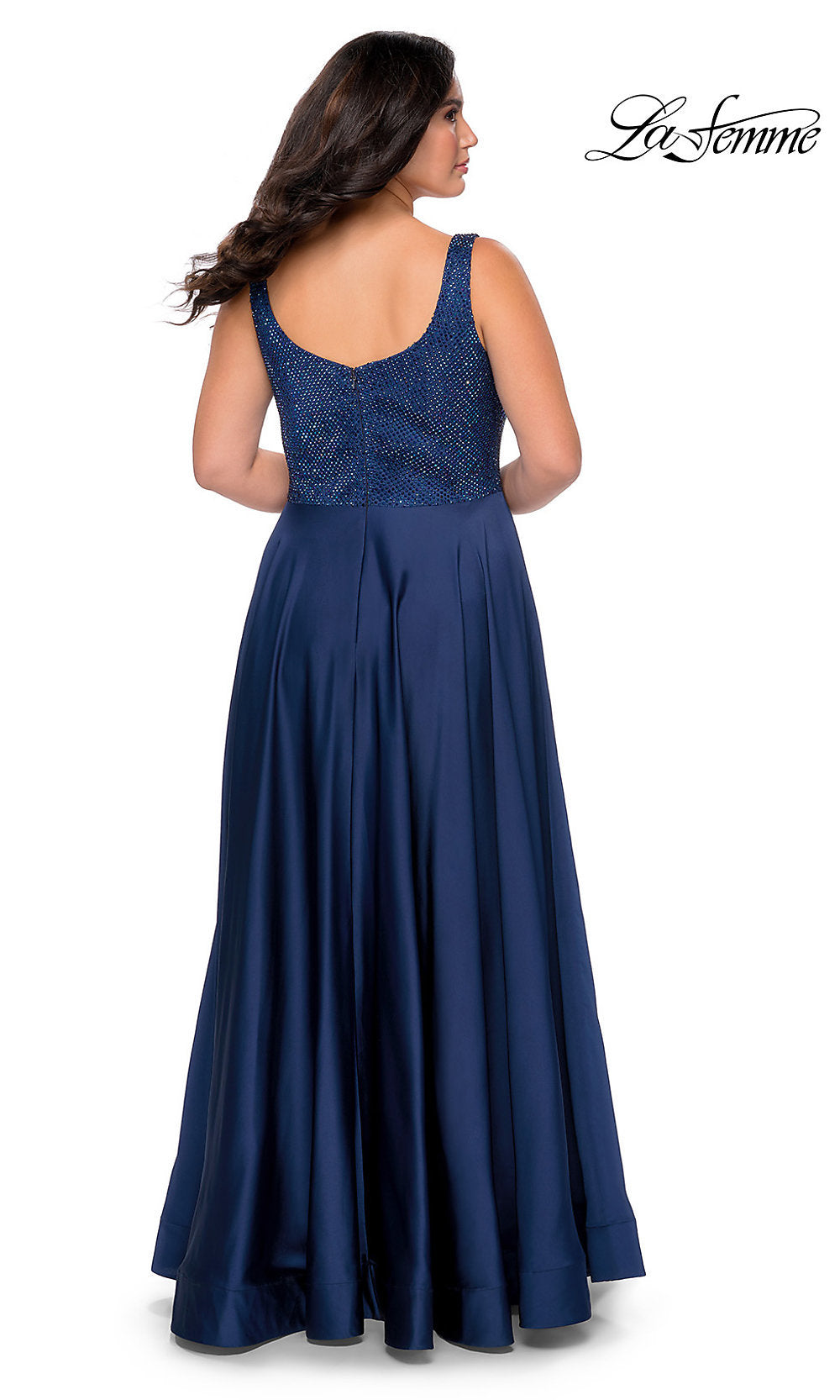La Femme Long Plus-size Prom Dress with Side Pockets Navy / 18W La Femme Long Plus-size Prom Dress with Side Pockets Navy / 18W