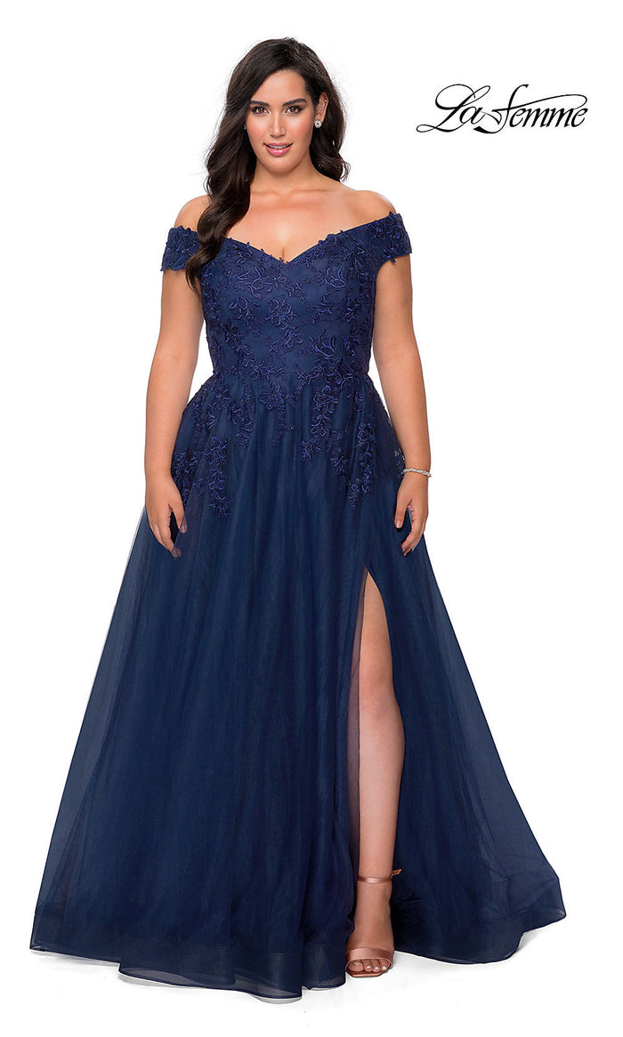 Navy La Femme Embroidered Plus-Size Formal Ball Gown
