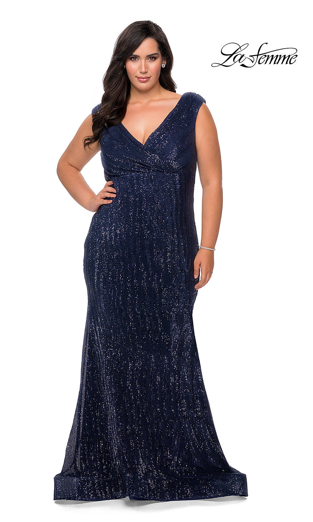 Navy La Femme Sequin Long Plus-Size Formal Dress