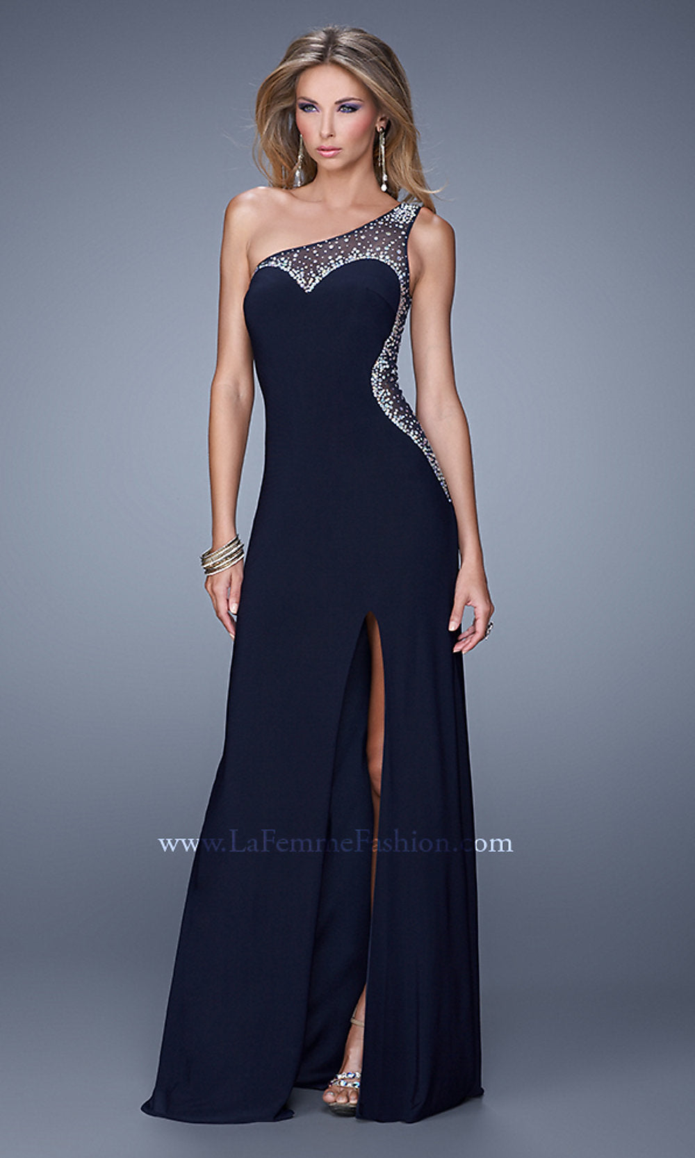 Navy La Femme One-Shoulder Long A-Line Prom Dress