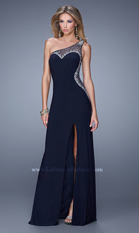 Navy La Femme One-Shoulder Long A-Line Prom Dress