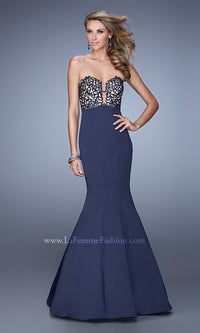 Navy La Femme Strapless Sweetheart Mermaid Prom Dress