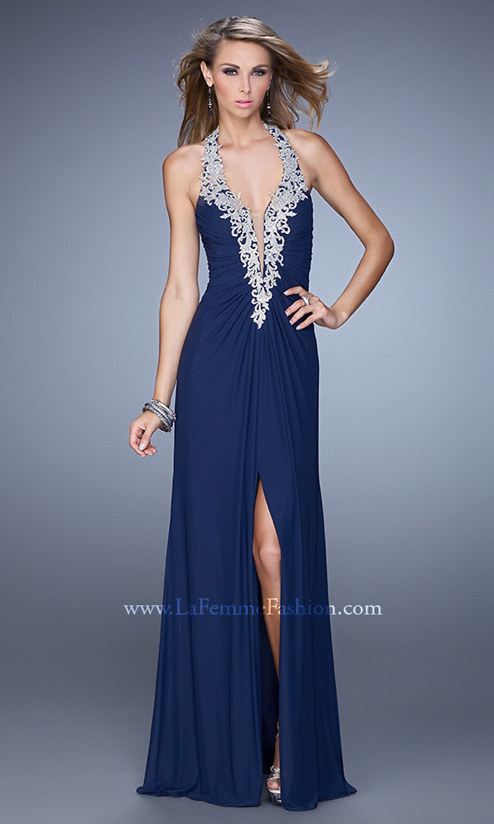 Navy La Femme Deep V-Neck Halter Long Prom Dress
