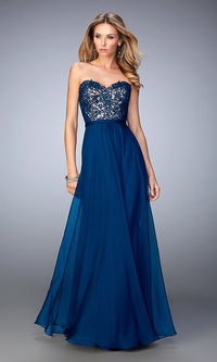 Navy La Femme Floor Length Strapless Gown